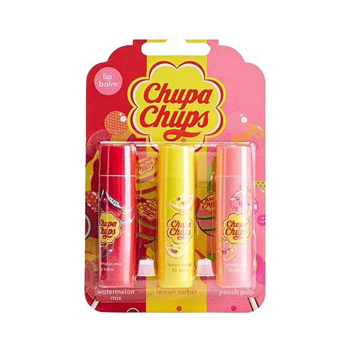 Chupa Chups Lip Balm Set 3 Pack Watermelon Mix, Peach Pulp & Lemon Sorbet 4g - Image 1